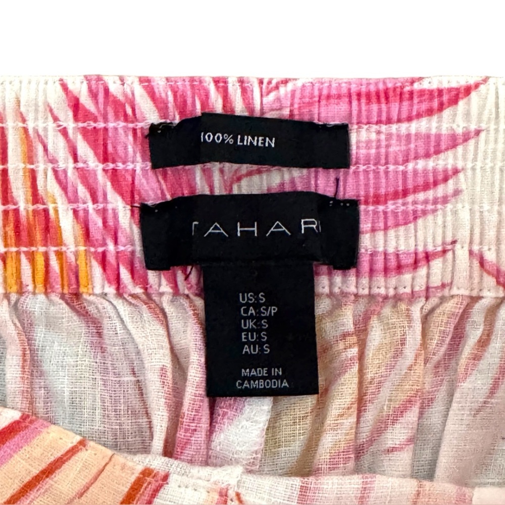 Tahari Size Small Pink/Orange Tropical Print Pullon Flat Front Linen Crop Pants - Picture 6 of 6